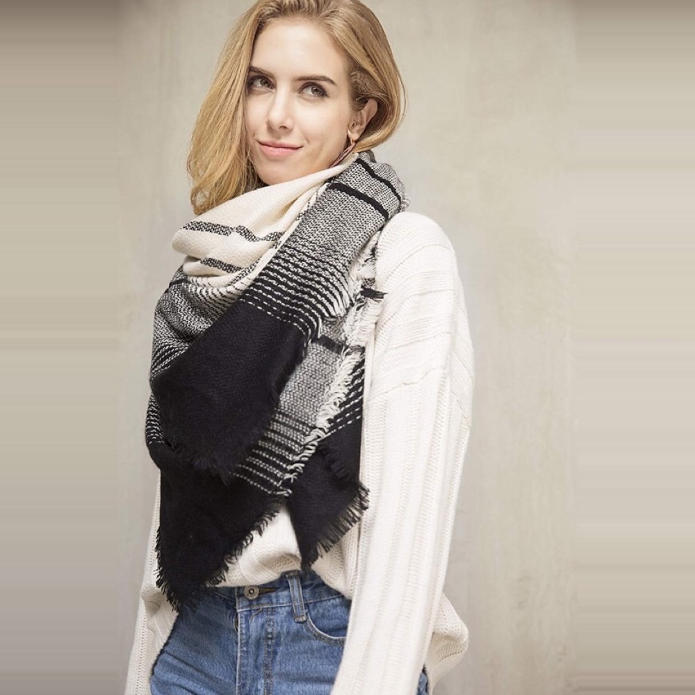 Cream Grey Black Ultra Plush Plaid Blanket Scarf - Picture 2 of 8